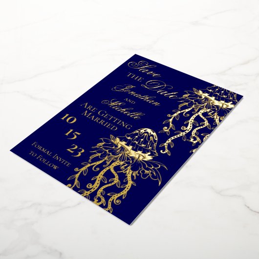 Verzierter Quallen-Goldstrand Save the Date Folieneinladung (Gedreht)