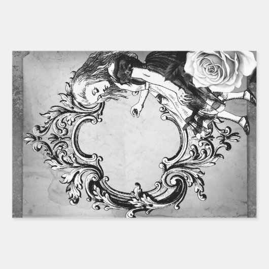 Verzierter Rahmen in Schwarzweiß-Alice im Wunderla Geschenkpapier Set (Vorderseite 2)