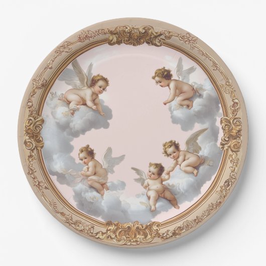 Verzierter Rokoko Cherub Pink Cloud Party Plate Pappteller (Vorderseite)