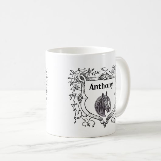 Verzierter Schild Reitpferd Etching Antique Sketch Kaffeetasse (VorderseiteRechts)
