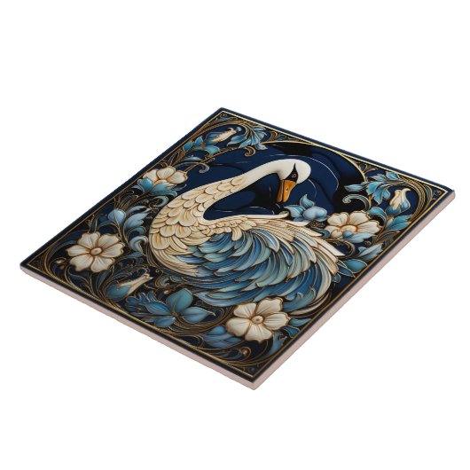 Verzierter Schwan, Blau und Weiß, Vögel und Blume Fliese (Seite)