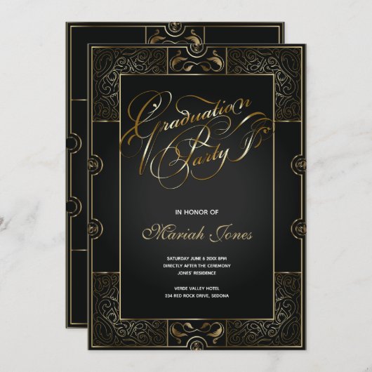 Verzierter Schwarz/Gold Art Deco ABSCHLUSS Einladu Einladung (Vorne/Hinten)