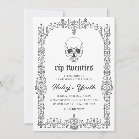 Verzierter Schwarz-weißer RIP Zwanziger 20. 30. Ge Einladung (Vorderseite)