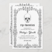 Verzierter Schwarz-weißer RIP Zwanziger 20. 30. Ge Einladung (Vorne/Hinten)