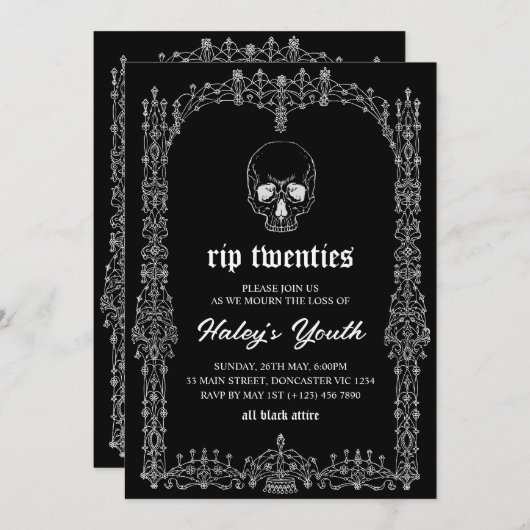 Verzierter Schwarz-weißer RIP Zwanziger 20. 30. Ge Einladung (Vorne/Hinten)