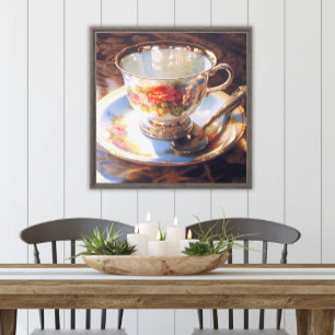 Verzierter Tee Cup Wasserfarbe Elegante Küche Leinwanddruck