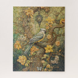 Verzierter Vogel mit goldgelbem Blütenboden und vi Puzzle