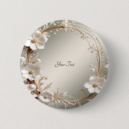 Verzierter weißer Blumenrahmen-Button Button (Vorderseite)