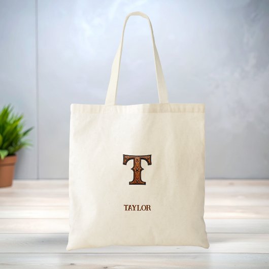 Verzierter Western-Leder-Initial-Monogramm T Tragetasche