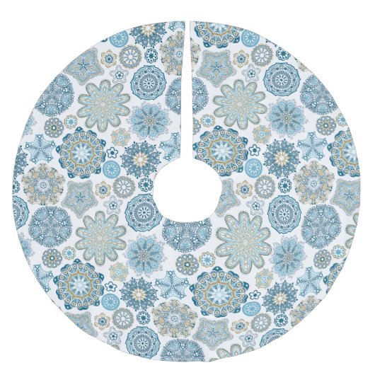 Verziertes Aqua Aquamarin Blue Blume Schneeflocken Polyester Weihnachtsbaumdecke (Vorderseite)