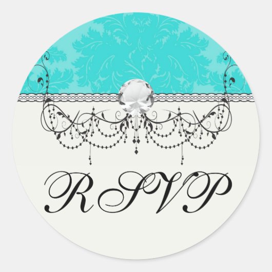 verziertes Aquamarin-Aquamarine-Blaudamastmuster Runder Aufkleber (Vorderseite)