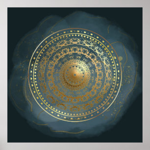 Verziertes Blau und Gold geblüht Poster