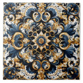 Verziertes Blau- und Goldfloral-Design Fliese (Vorderseite)