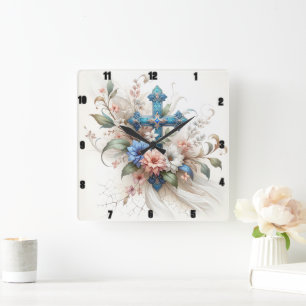 Verziertes Blau- und Goldkreuz Quadratische Wanduhr