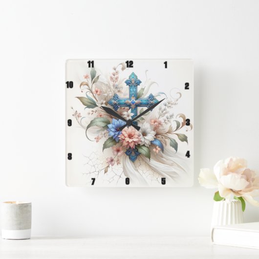 Verziertes Blau- und Goldkreuz Quadratische Wanduhr (Zuhause)