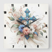 Verziertes Blau- und Goldkreuz Quadratische Wanduhr (Vorderseite)