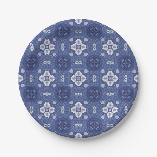 Verziertes blau-weißes Blumenfliesenmuster Pappteller (Vorderseite)