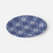 Verziertes blau-weißes Blumenfliesenmuster Pappteller (Schrägansicht)