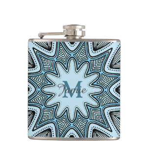 Verziertes blaues Monogramm-Mandala personalisiert Flachmann