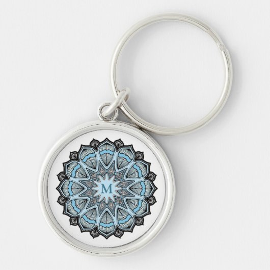 Verziertes blaues Monogramm-Mandala Schlüsselanhänger (Vorne)