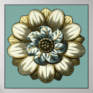Verziertes Blumenmedaillon auf hellblauem Poster