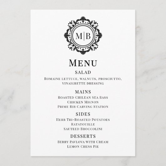 Verziertes Blumenmenü für Monogramme - Schwarz-wei Menükarte (Vorderseite)