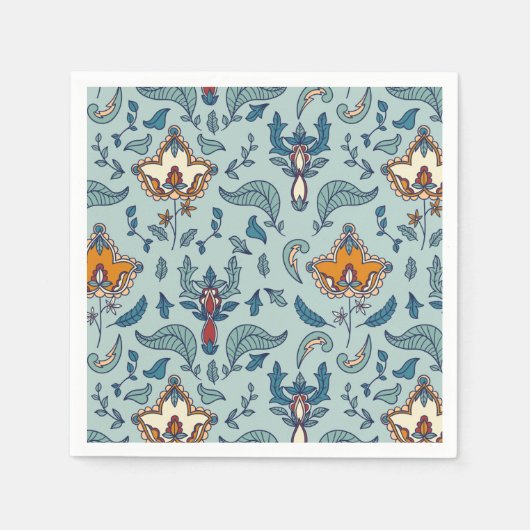 Verziertes Blumenmuster auf einem hellblauen Hinte Serviette (Vorderseite)