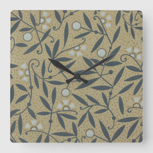 Verziertes Blumenmuster mit dunkelblauen Ranken  Quadratische Wanduhr