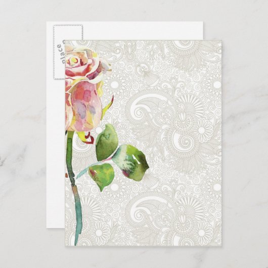 Verziertes Blumenmuster mit rosa Aquarellfarbe Ros Postkarte (Vorne/Hinten)