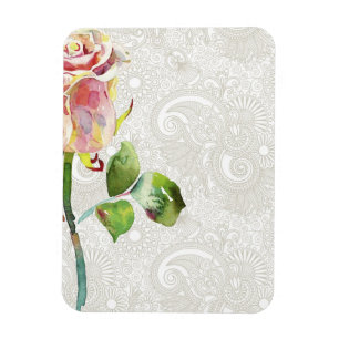 Verziertes Blumenmuster mit rosa Watercolor-Rose Magnet