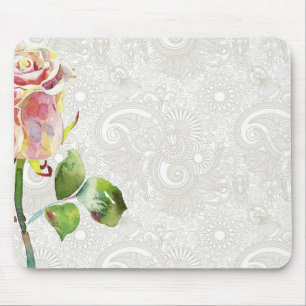 Verziertes Blumenmuster mit rosa Watercolor-Rose Mousepad