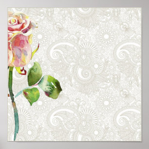 Verziertes Blumenmuster mit rosa Watercolor-Rose Poster