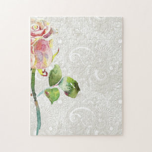 Verziertes Blumenmuster mit rosa Watercolor-Rose Puzzle