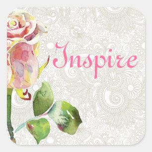 Verziertes Blumenmuster mit rosa Watercolor-Rose Quadratischer Aufkleber