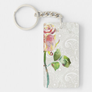 Verziertes Blumenmuster mit rosa Watercolor-Rose Schlüsselanhänger
