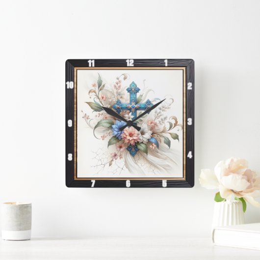 Verziertes Blumenmuster Quadratische Wanduhr (Zuhause)