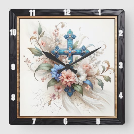 Verziertes Blumenmuster Quadratische Wanduhr (Vorderseite)