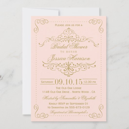 Verziertes Brautparty mit weißem Rosa und goldfarb Einladung (Vorderseite)