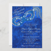 Verziertes Cobalt Blue Silver Masquerade Ball Wedd Einladung (Vorderseite)