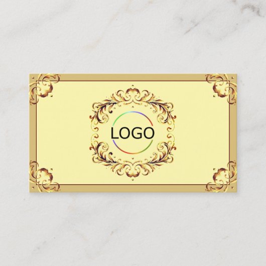 Verziertes Creme Beige Gold Logo Foto und QR Code Visitenkarte (Vorderseite)