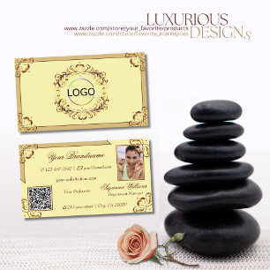 Verziertes Creme Beige Gold Logo Foto und QR Code Visitenkarte