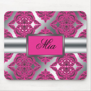 Verziertes Damast-Rosa, Schwarzes, Silber Mousepad