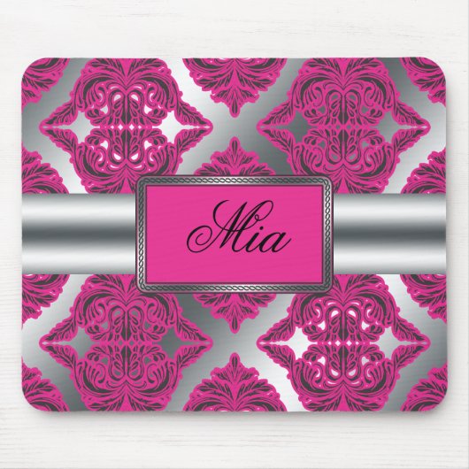 Verziertes Damast-Rosa, Schwarzes, Silber Mousepad (Vorne)