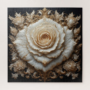 Verziertes Elfenbeinblumendesign mit weißer Rose Puzzle