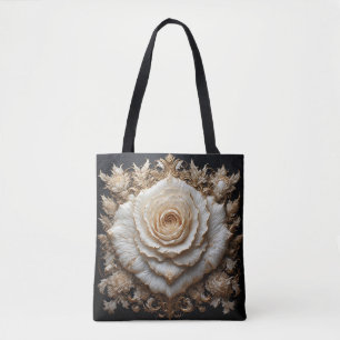 Verziertes Elfenbeinblumendesign mit weißer Rose Tasche