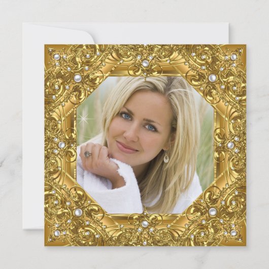 Verziertes fabelhaftes 50. Foto Gold auf Gold Part Einladung (Rückseite)