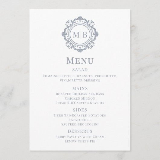 Verziertes Floral Monogram Wedding Menu Silver Menükarte (Vorderseite)