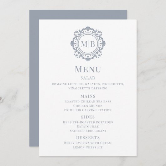 Verziertes Floral Monogram Wedding Menu Silver Menükarte (Vorne/Hinten)