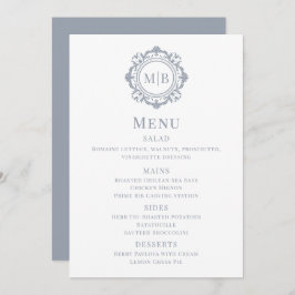 Verziertes Floral Monogram Wedding Menu Silver Menükarte