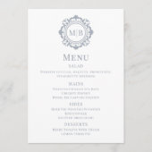 Verziertes Floral Monogram Wedding Menu Silver Menükarte (Vorderseite)